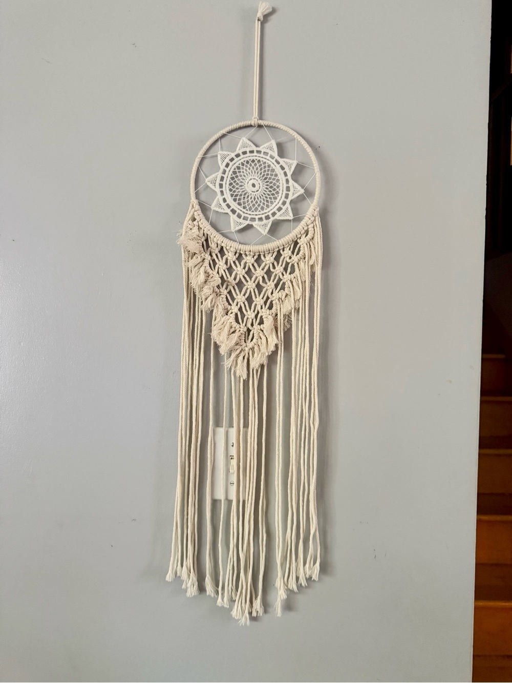 Boho Macrame Dream Catcher Wall Hanging – Off-White Cotton Woven Mandala Art